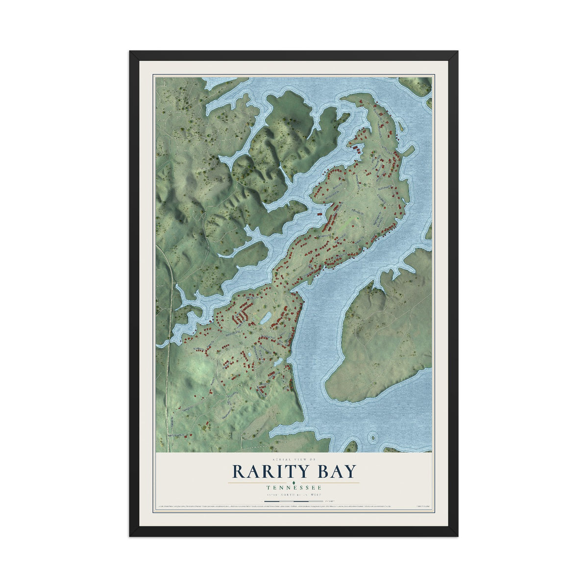 Map of Rarity Bay, Tennessee, 12 x 18 inch print in a black wood frame
