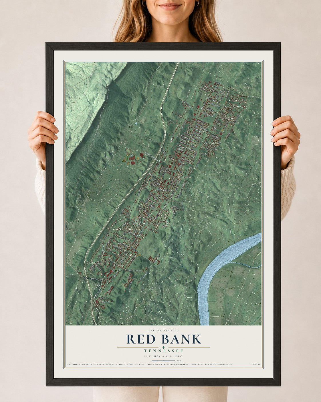 Map of Red Bank, Tennessee, 24 x 36 inch print in a black wood frame