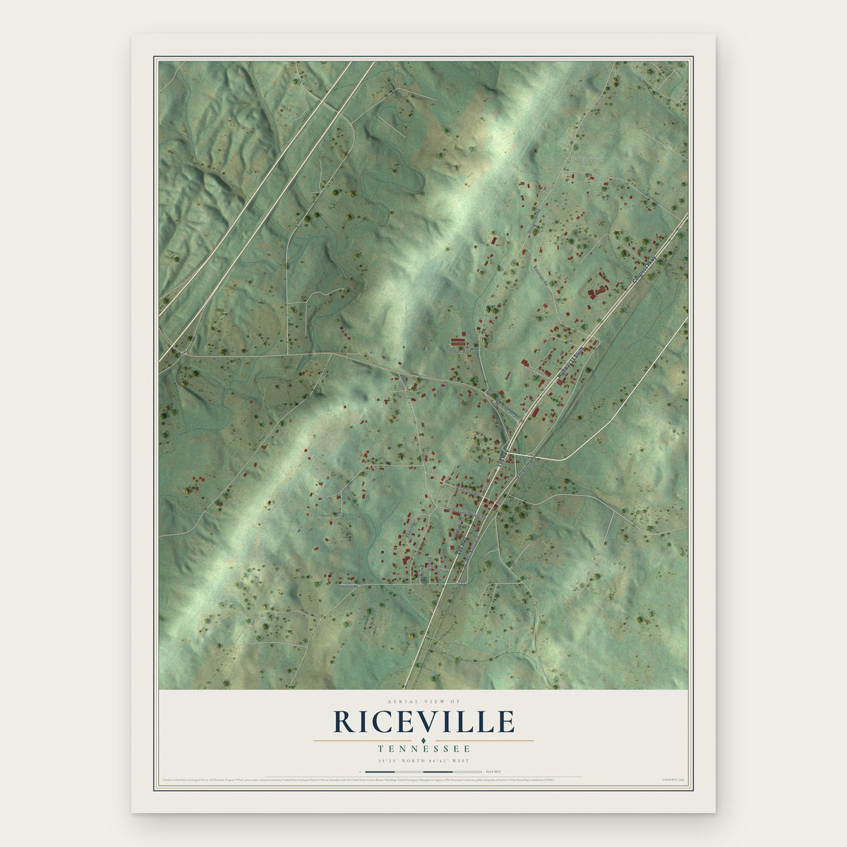Riceville, Tennessee map print, the full design