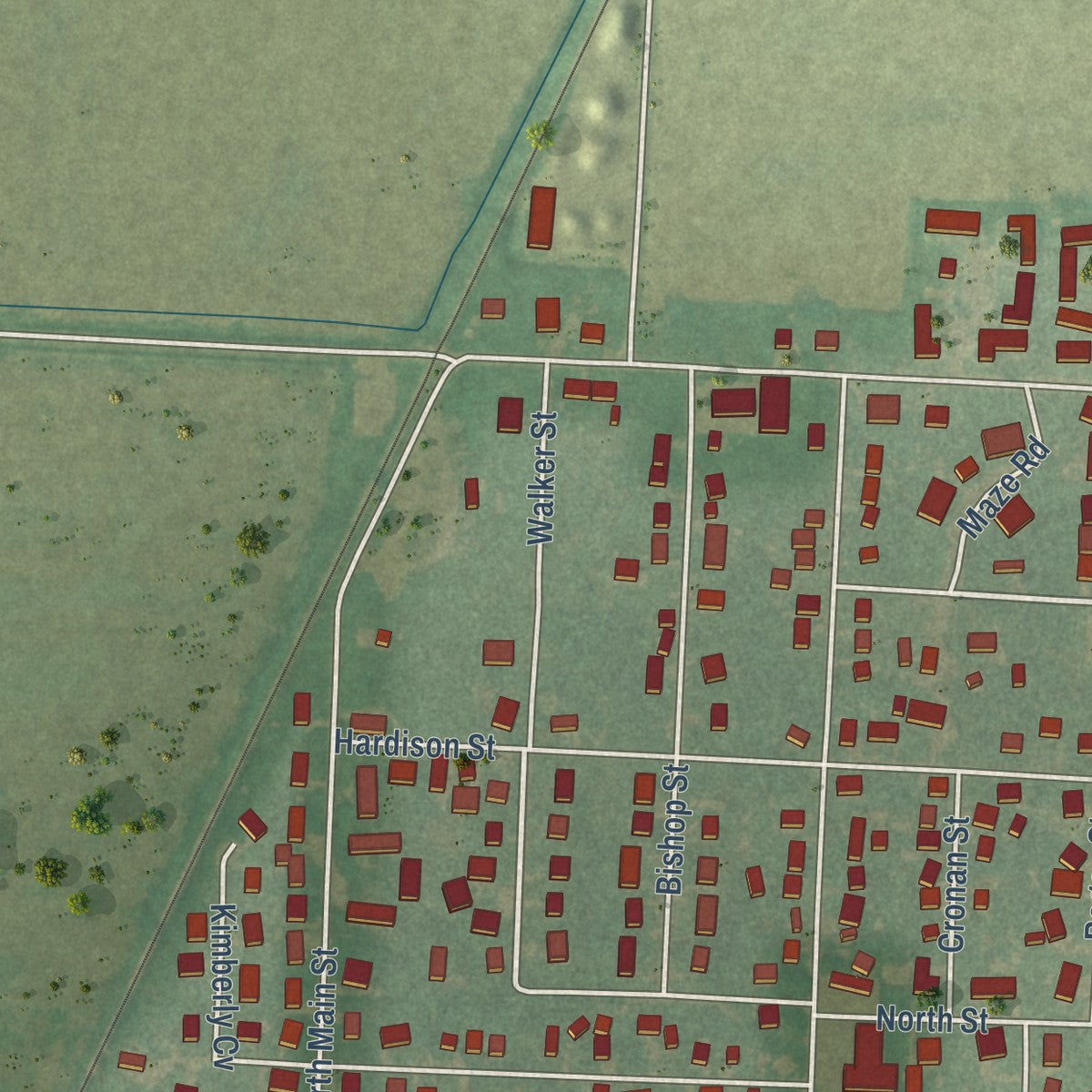 Second close-up of the map of Ridgely, Tennessee print showing more streets and buildings