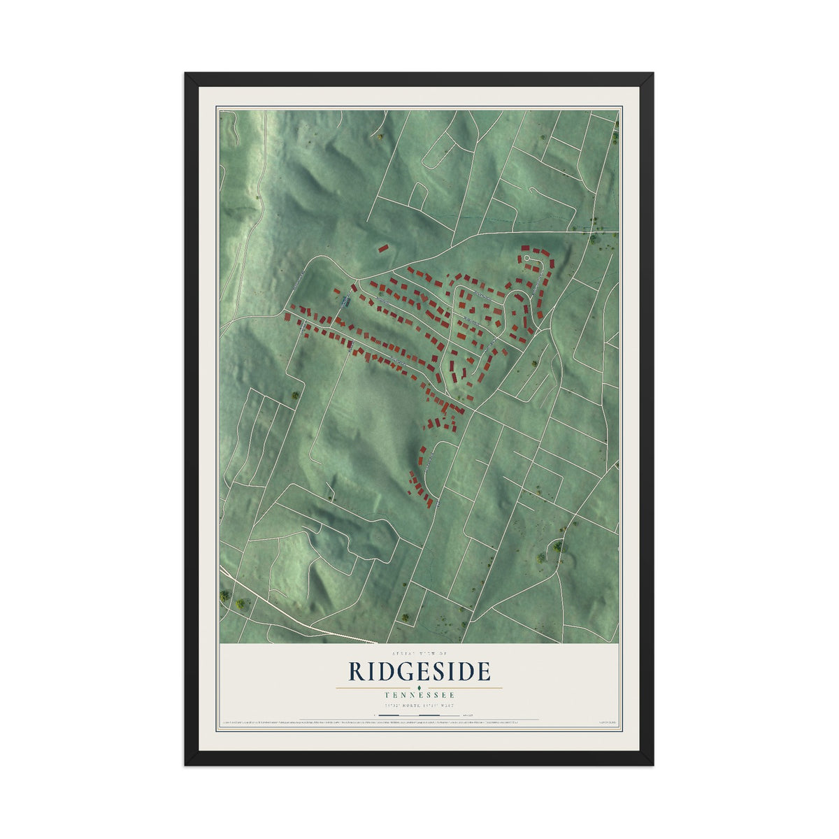 Map of Ridgeside, Tennessee, 12 x 18 inch print in a black wood frame
