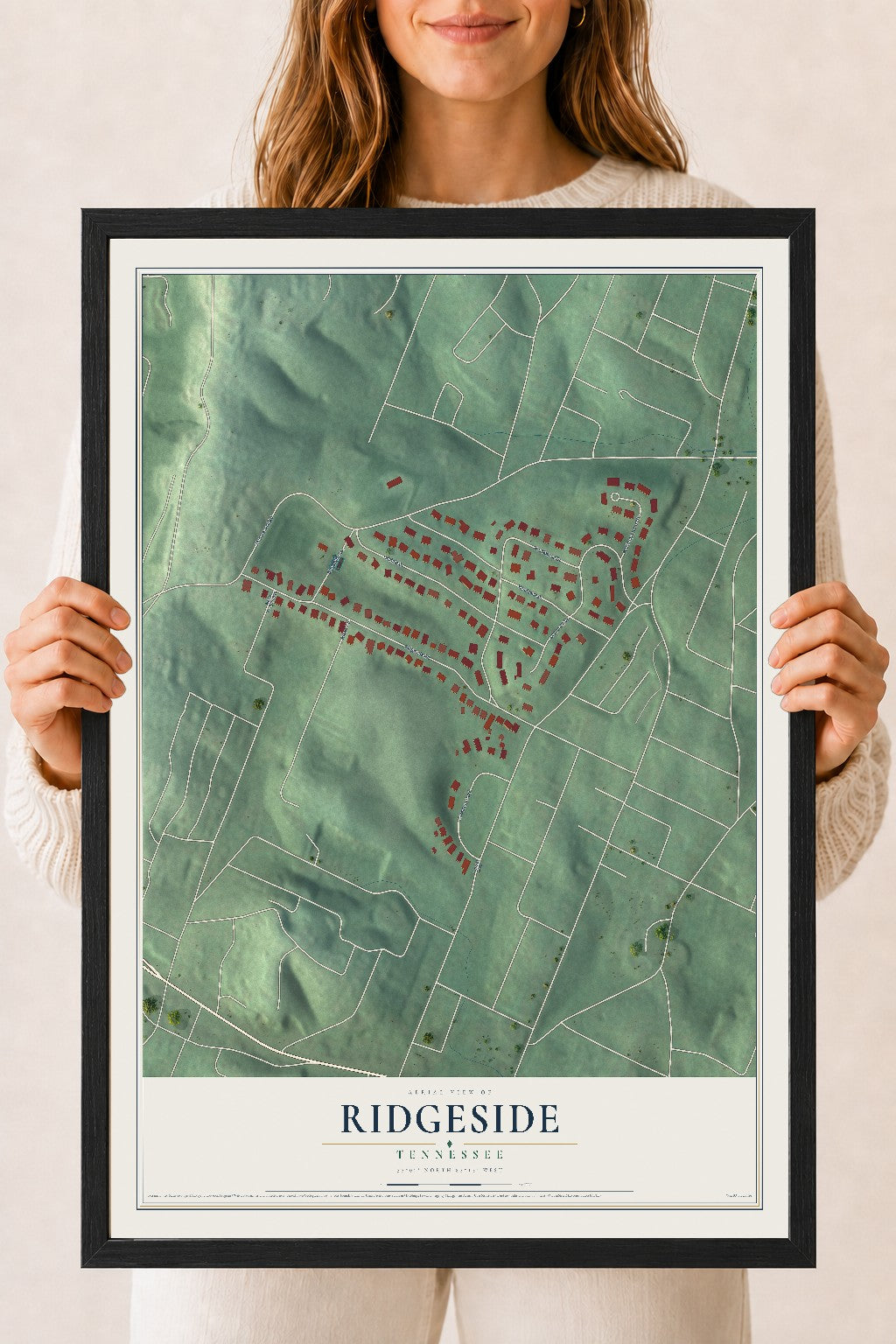 Map of Ridgeside, Tennessee, 18 x 24 inch print in a black wood frame