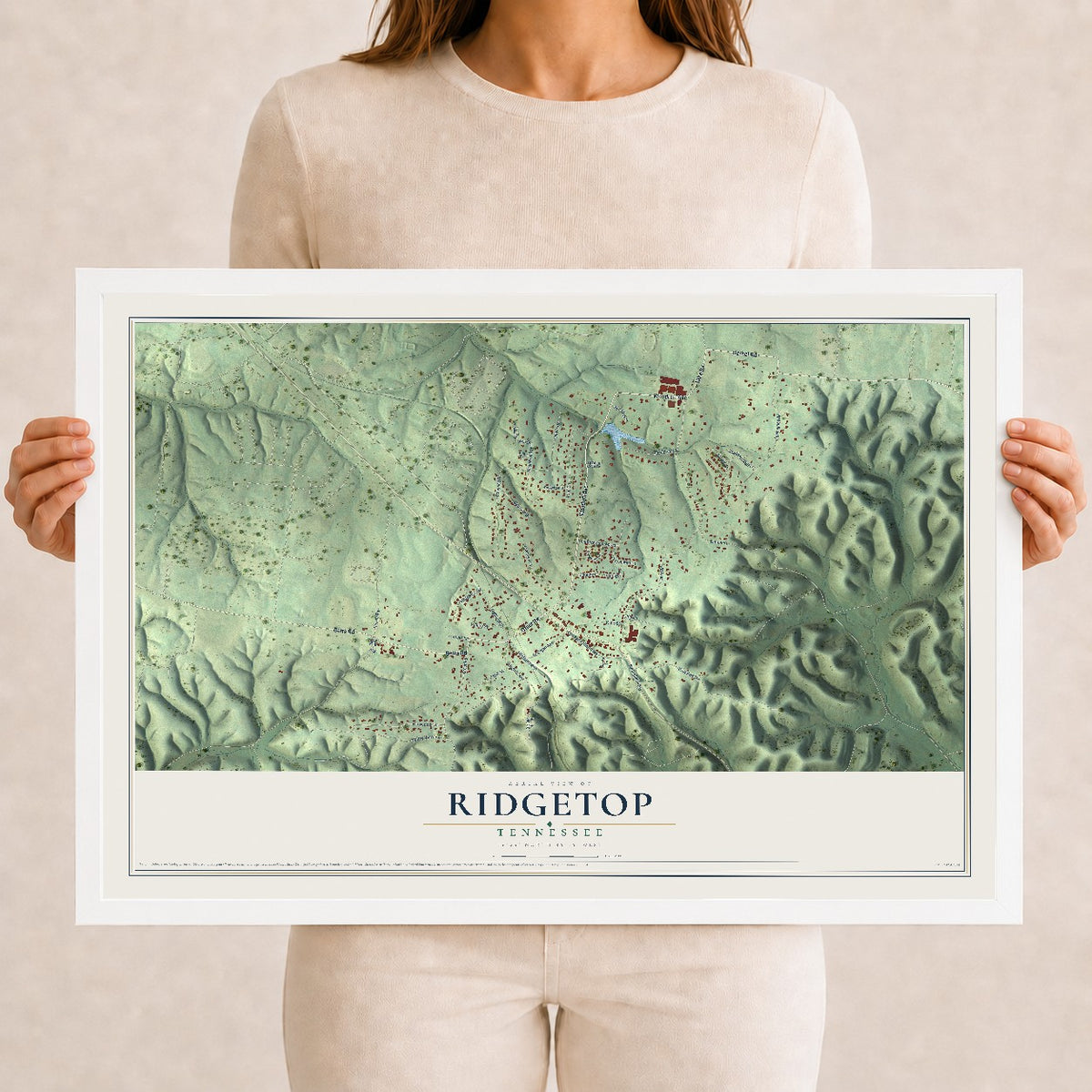 Map of Ridgetop, Tennessee, 12 x 18 inch print in a white wood frame