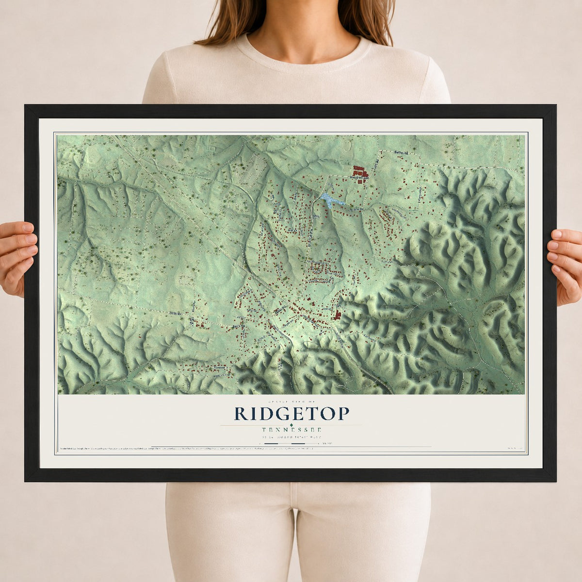 Map of Ridgetop, Tennessee, 18 x 24 inch print in a black wood frame