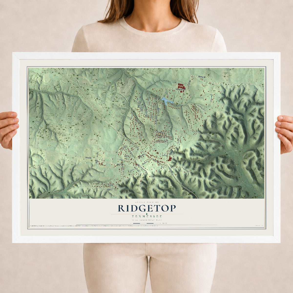 Map of Ridgetop, Tennessee, 18 x 24 inch print in a white wood frame