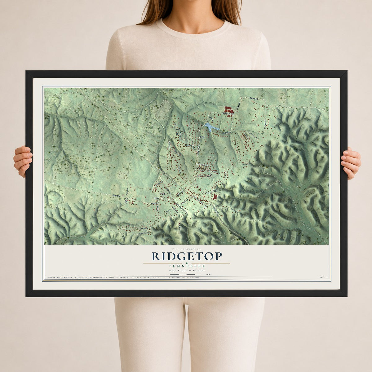 Map of Ridgetop, Tennessee, 24 x 36 inch print in a black wood frame