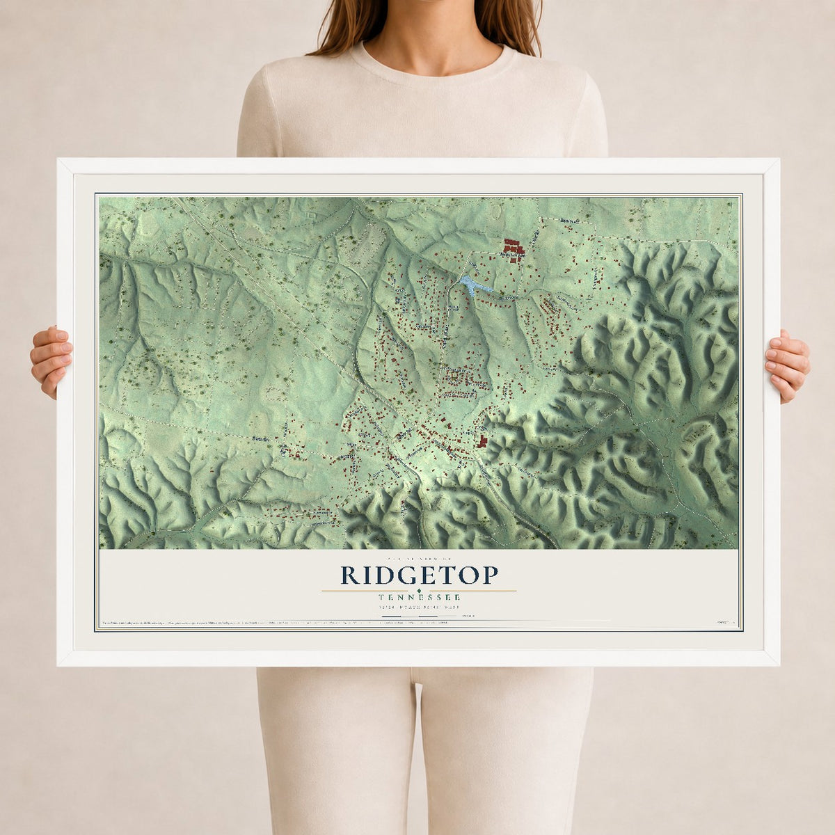 Map of Ridgetop, Tennessee, 24 x 36 inch print in a white wood frame