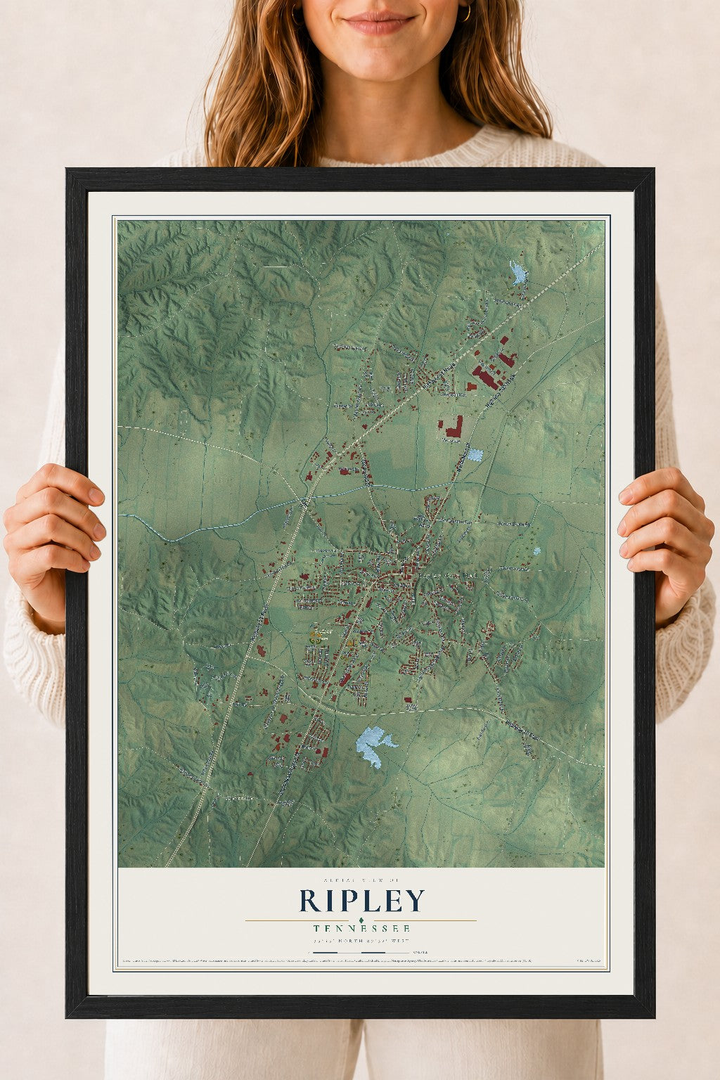 Map of Ripley, Tennessee, 18 x 24 inch print in a black wood frame