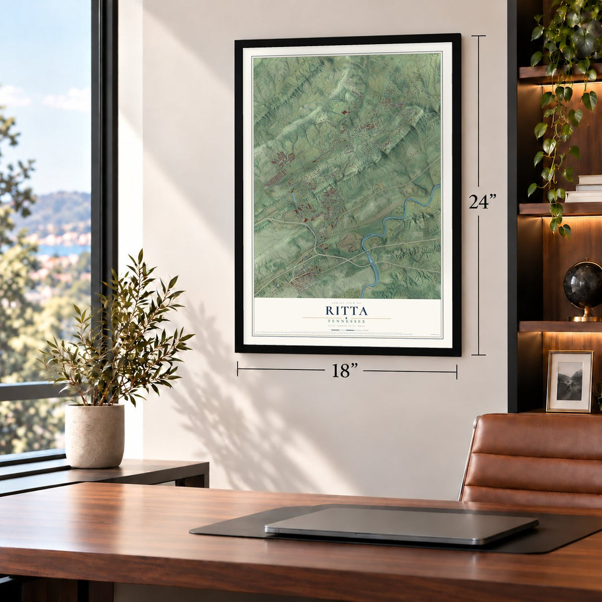 Ritta, Tennessee map, 18 x 24 inch print in a black frame in a home office