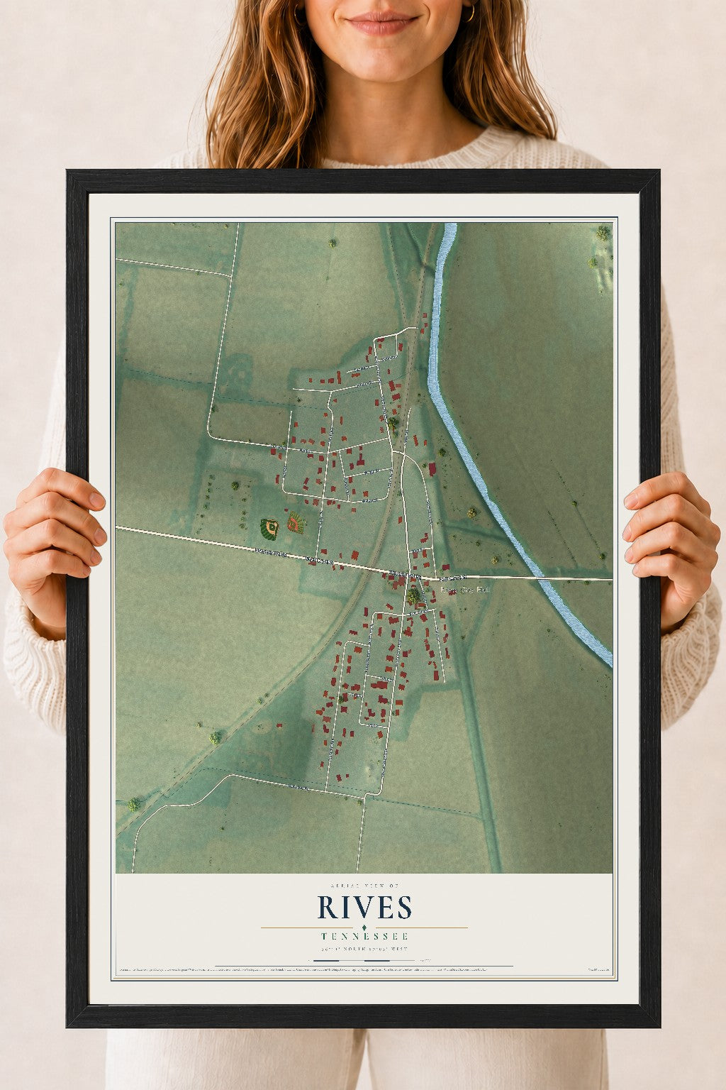 Map of Rives, Tennessee, 18 x 24 inch print in a black wood frame