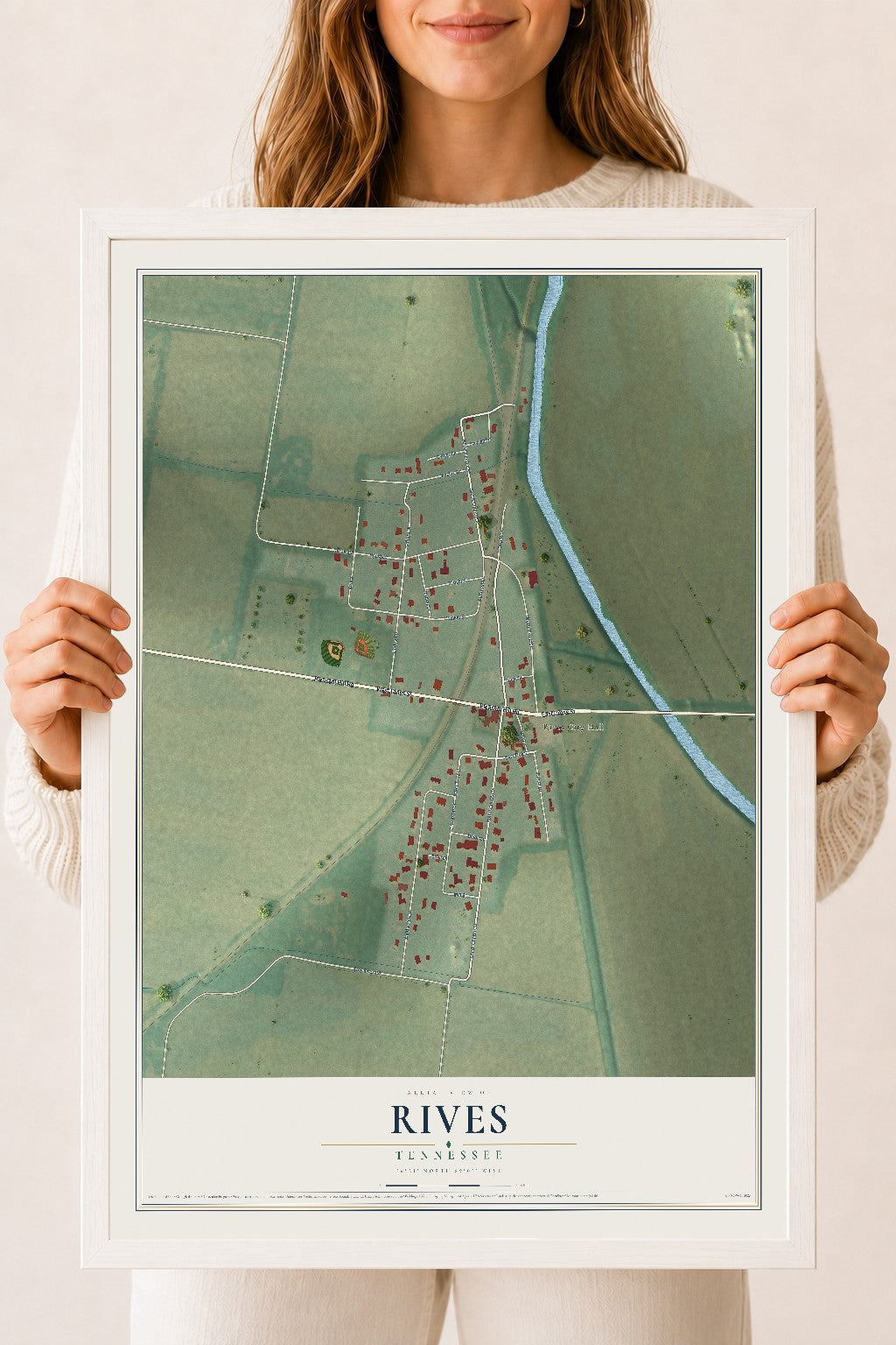 Map of Rives, Tennessee, 18 x 24 inch print in a white wood frame