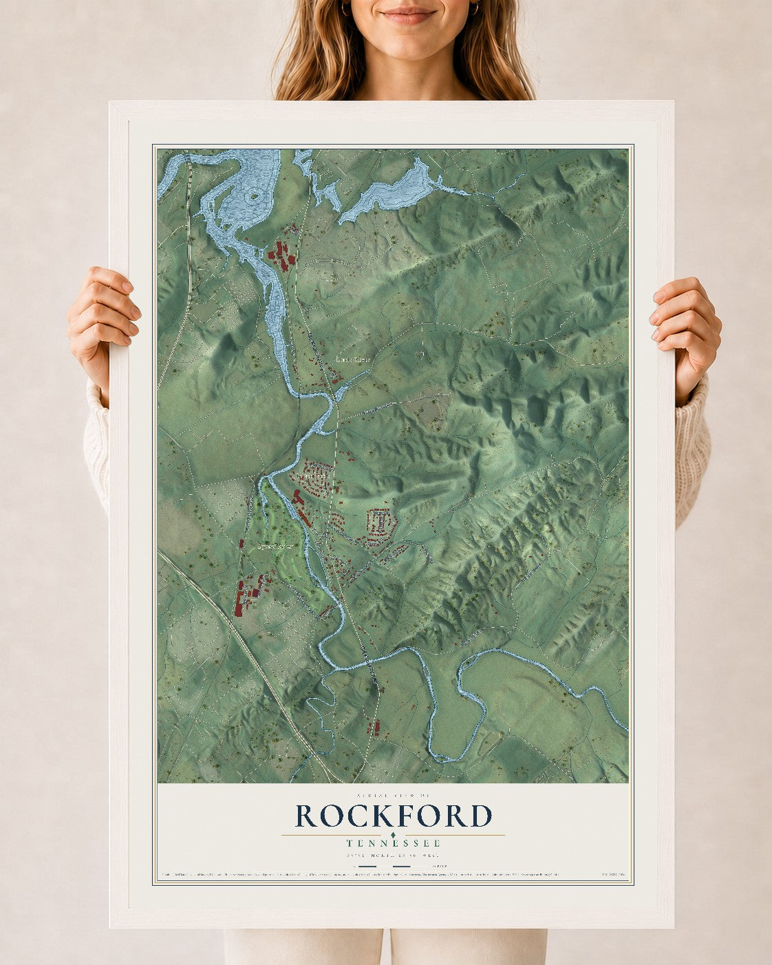 Map of Rockford, Tennessee, 24 x 36 inch print in a white wood frame