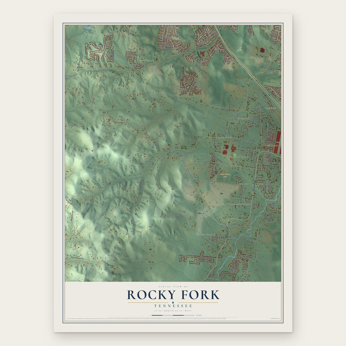Rocky Fork, Tennessee map print, the full design