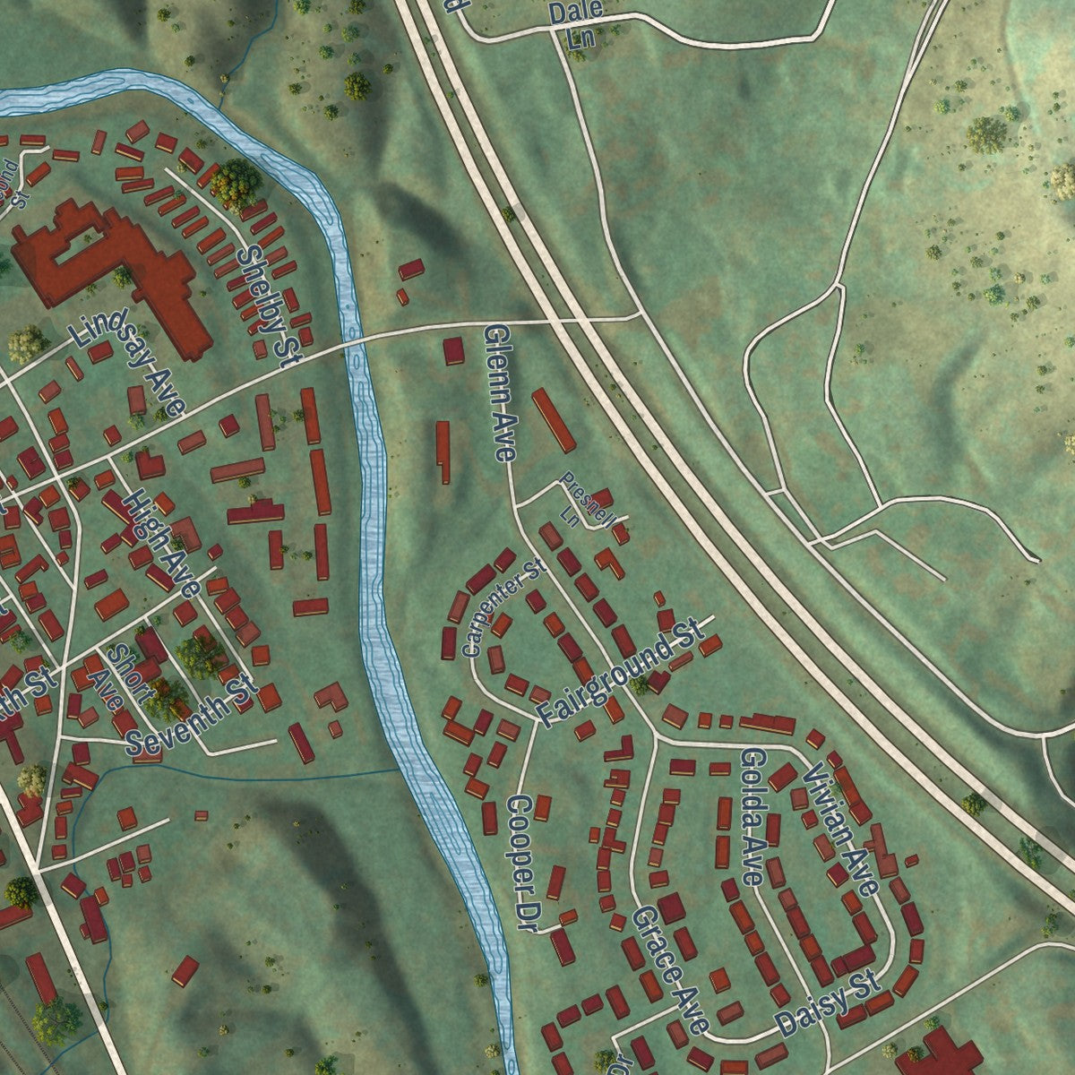 Second close-up of the map of Rocky Top, Tennessee print showing more streets and buildings
