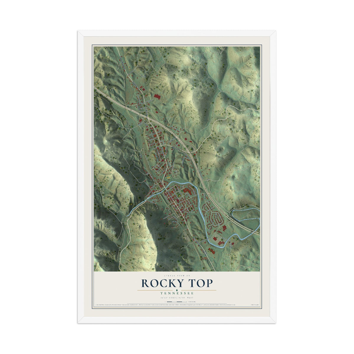 Map of Rocky Top, Tennessee, 12 x 18 inch print in a white wood frame