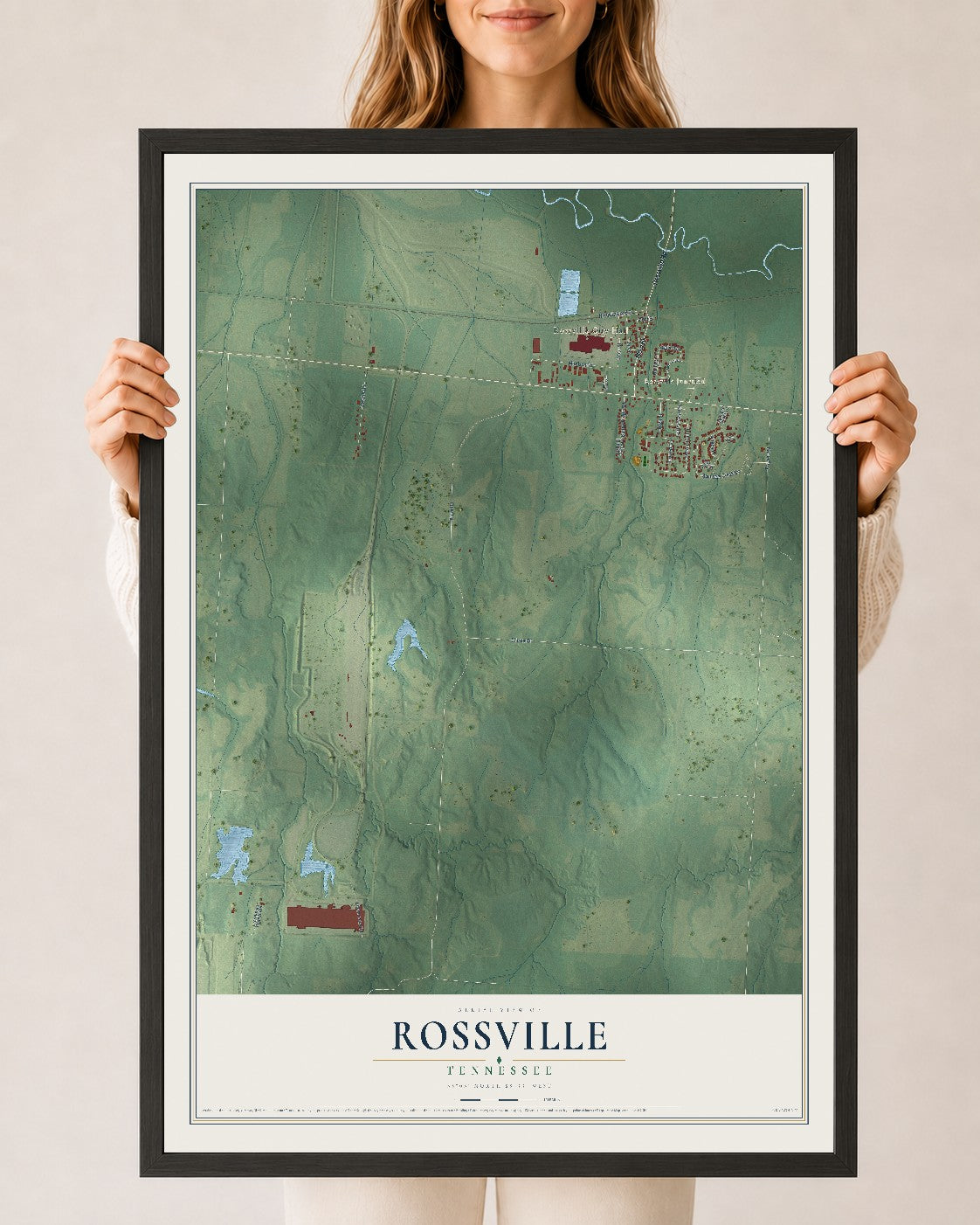 Map of Rossville, Tennessee, 24 x 36 inch print in a black wood frame