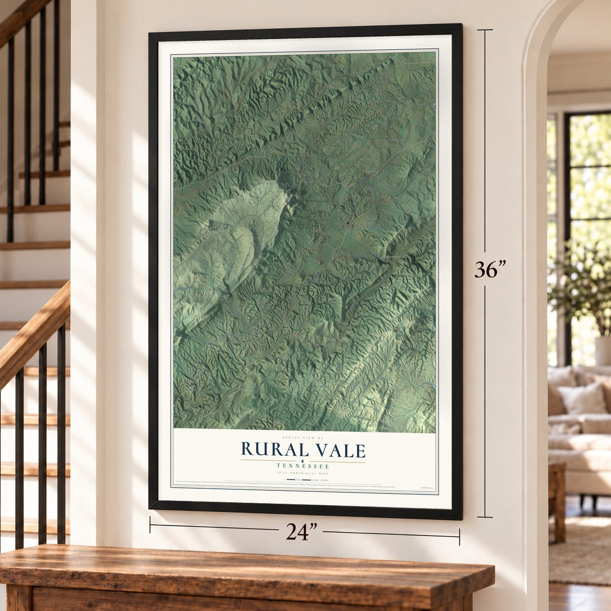 Rural Vale, Tennessee map, 24 x 36 inch print in a black frame by a staircase
