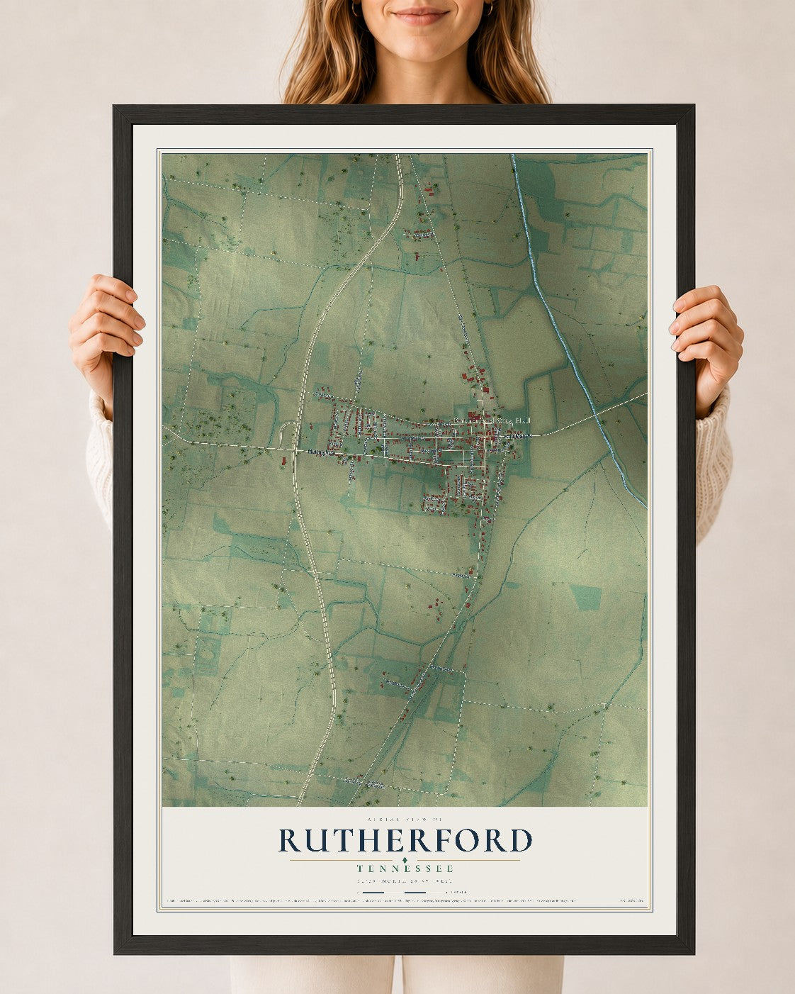 Map of Rutherford, Tennessee, 24 x 36 inch print in a black wood frame
