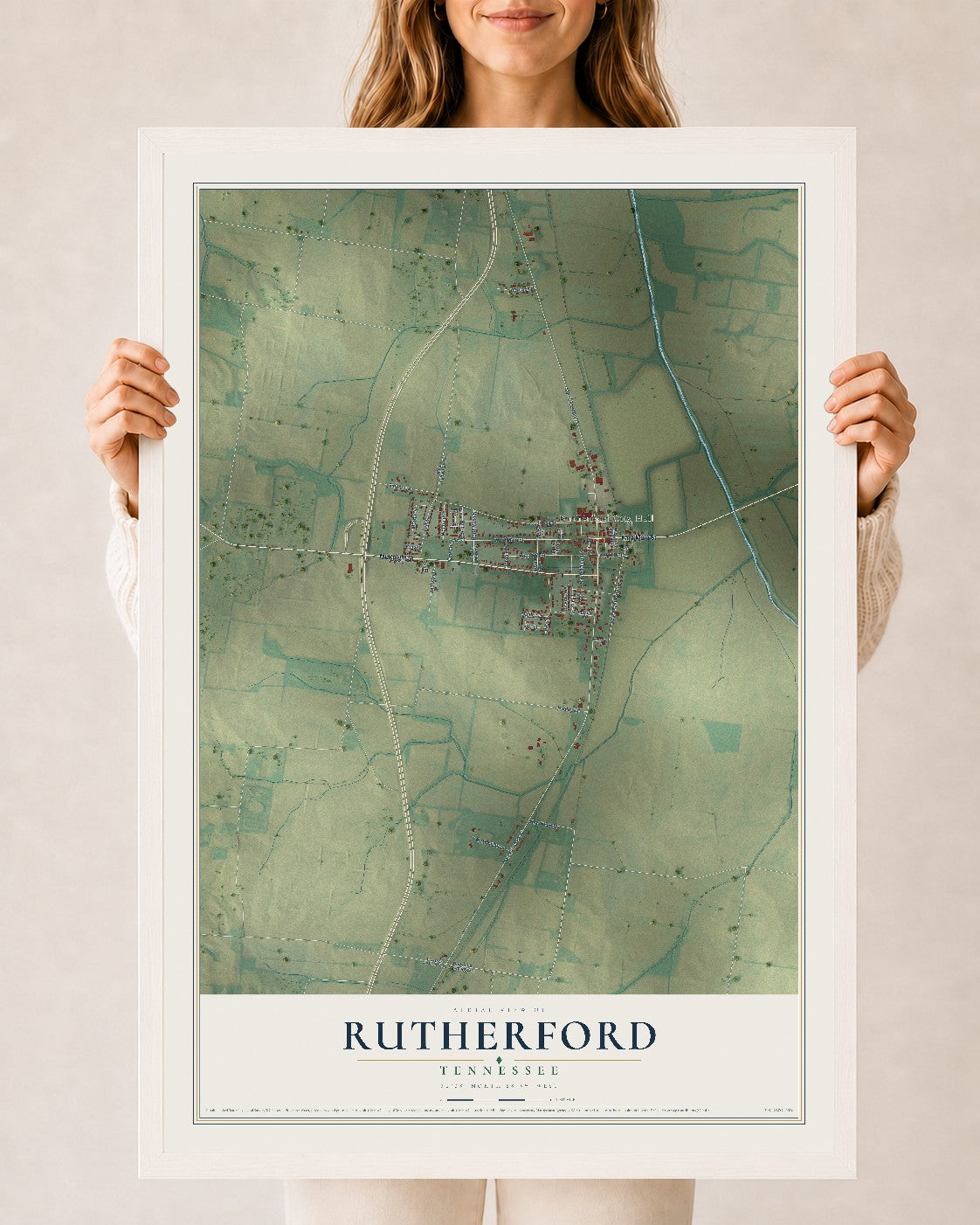 Map of Rutherford, Tennessee, 24 x 36 inch print in a white wood frame
