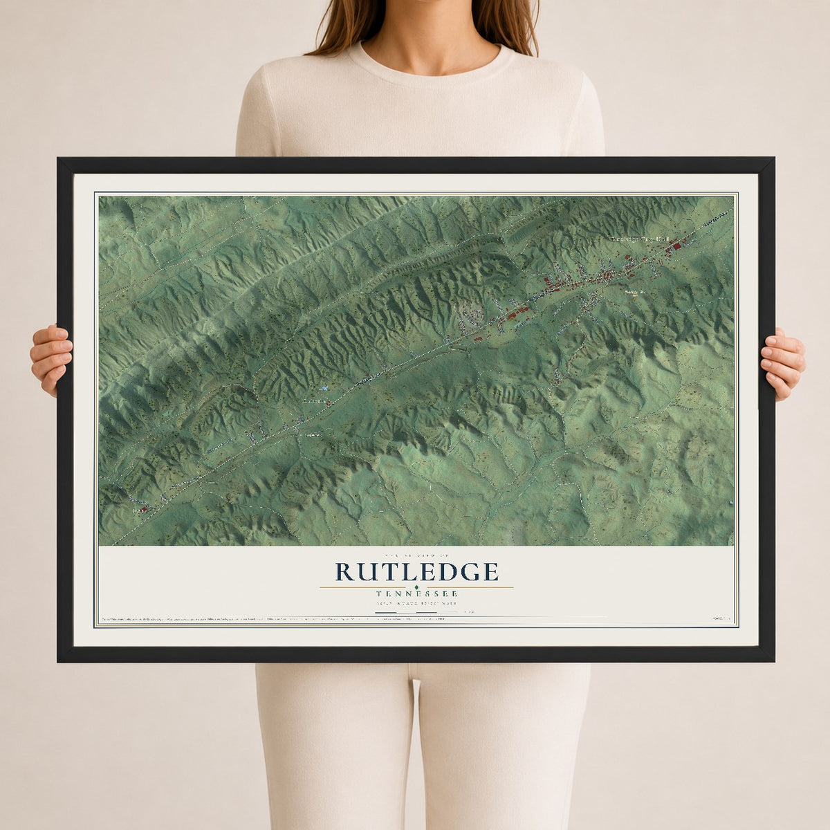 Map of Rutledge, Tennessee, 24 x 36 inch print in a black wood frame