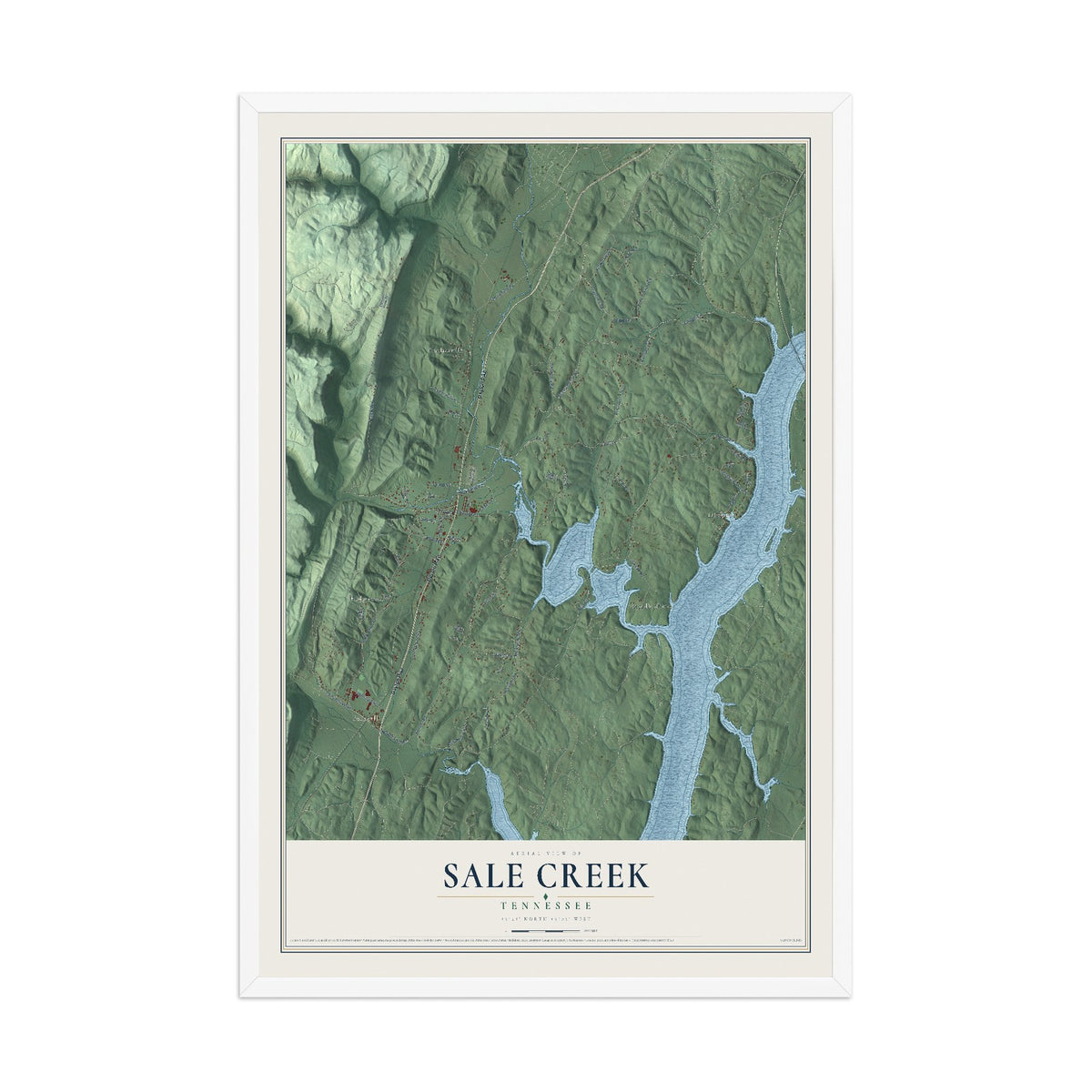 Map of Sale Creek, Tennessee, 12 x 18 inch print in a white wood frame