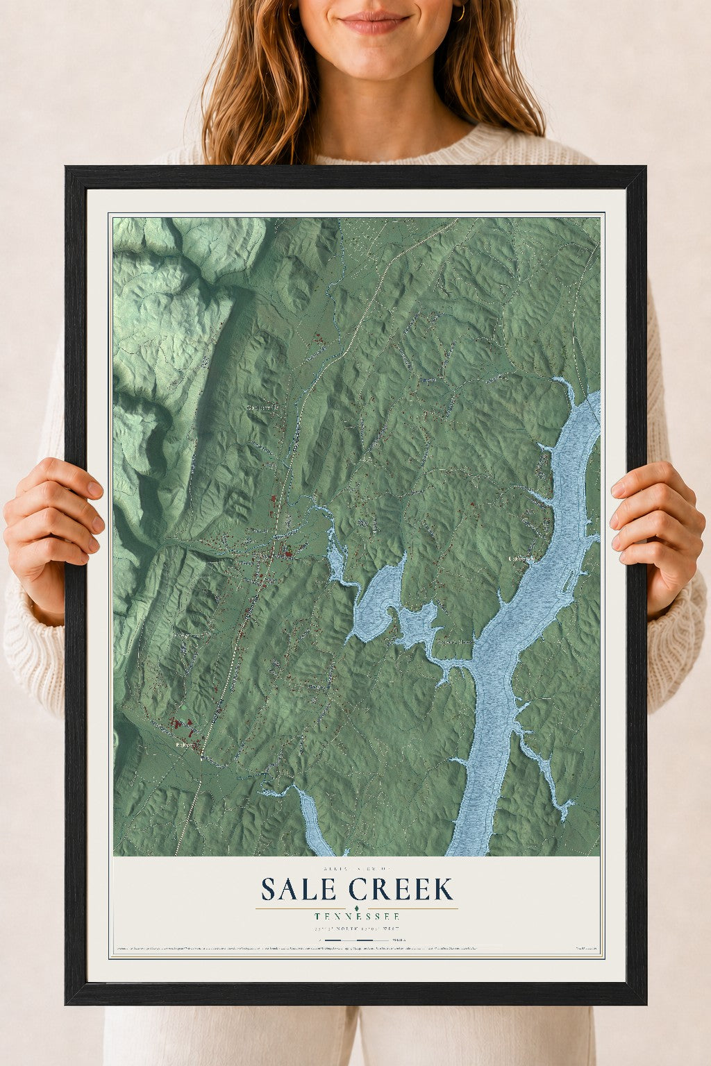 Map of Sale Creek, Tennessee, 18 x 24 inch print in a black wood frame