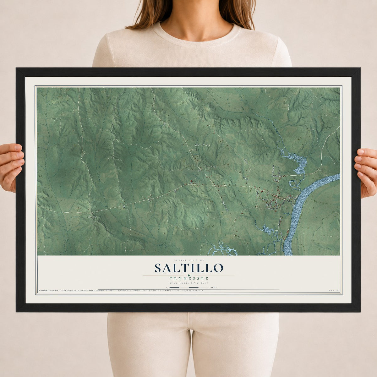 Map of Saltillo, Tennessee, 18 x 24 inch print in a black wood frame