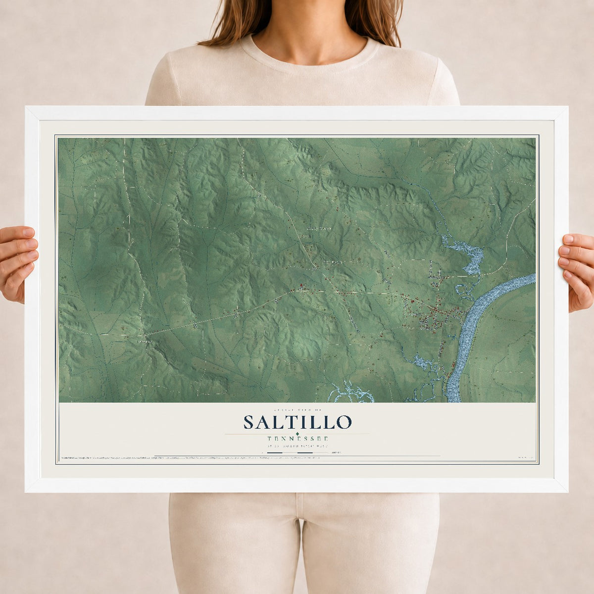 Map of Saltillo, Tennessee, 18 x 24 inch print in a white wood frame
