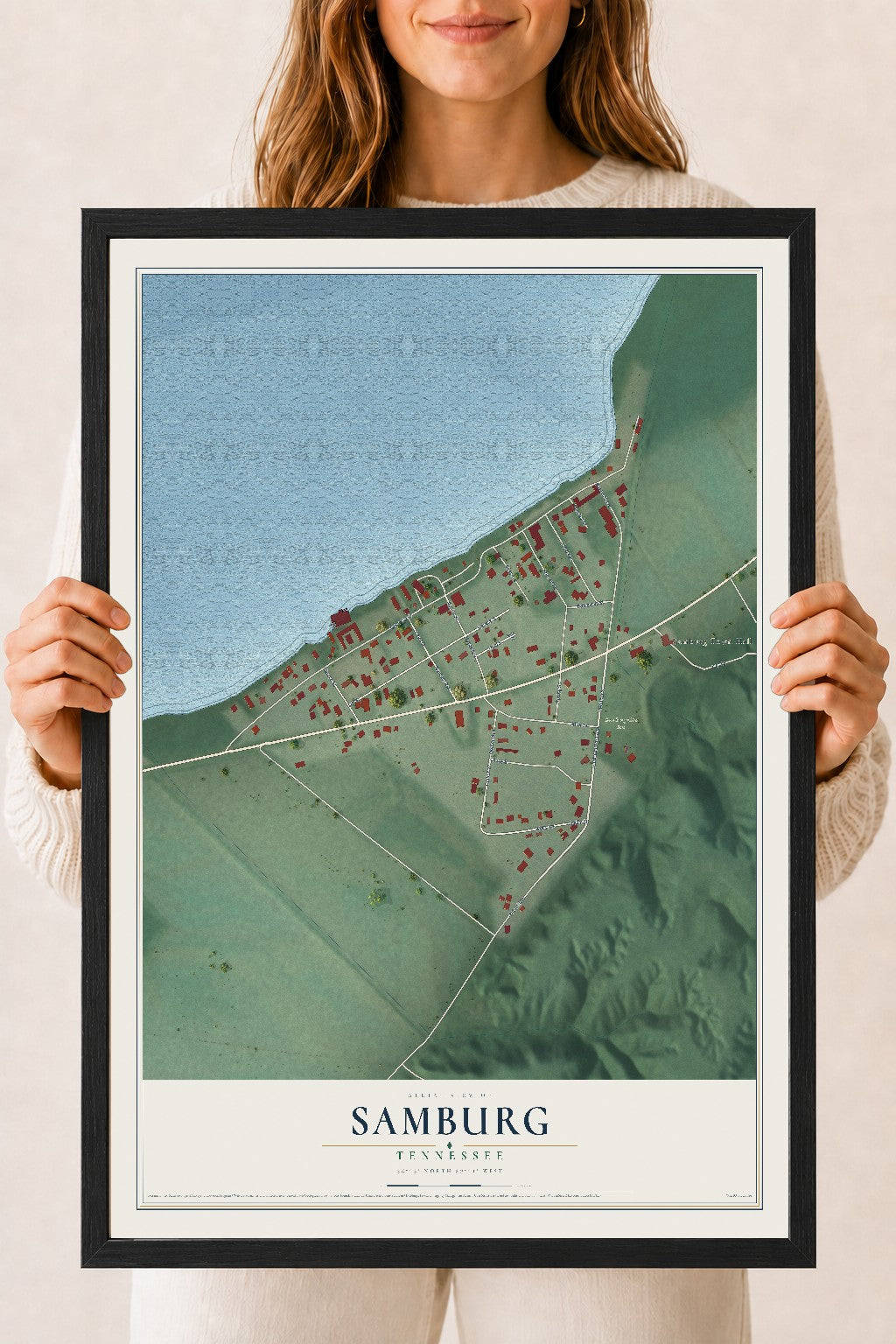 Map of Samburg, Tennessee, 18 x 24 inch print in a black wood frame