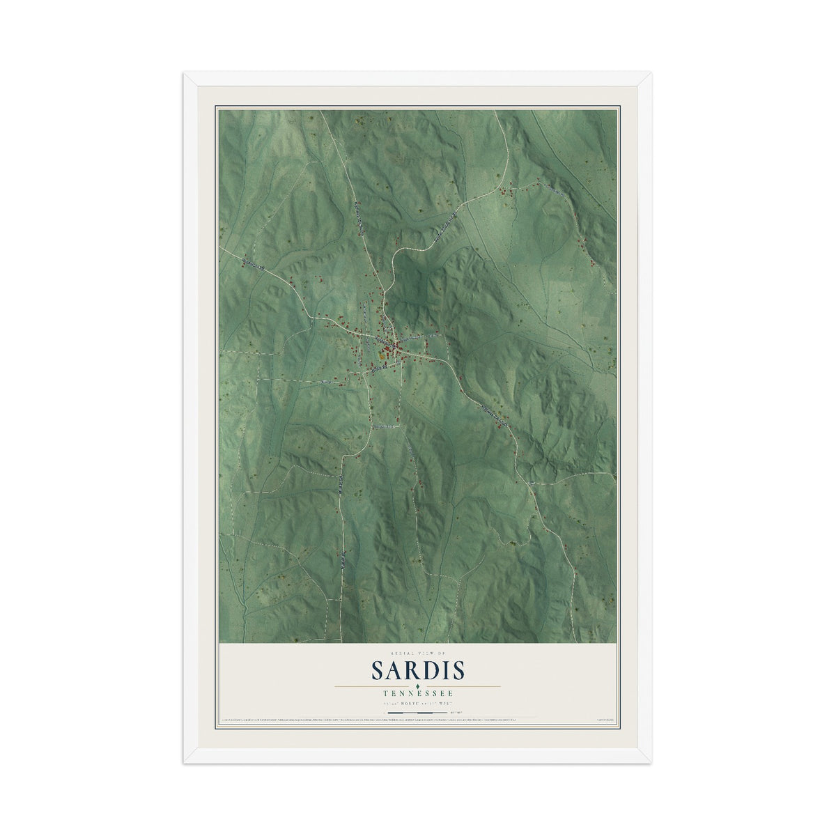Map of Sardis, Tennessee, 12 x 18 inch print in a white wood frame