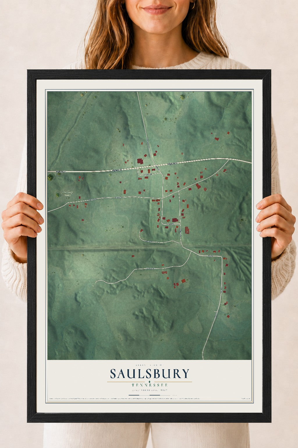 Map of Saulsbury, Tennessee, 18 x 24 inch print in a black wood frame