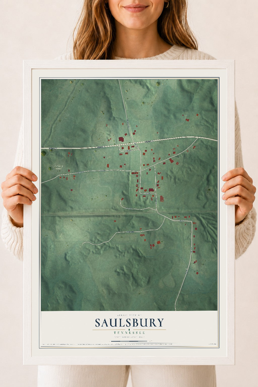 Map of Saulsbury, Tennessee, 18 x 24 inch print in a white wood frame