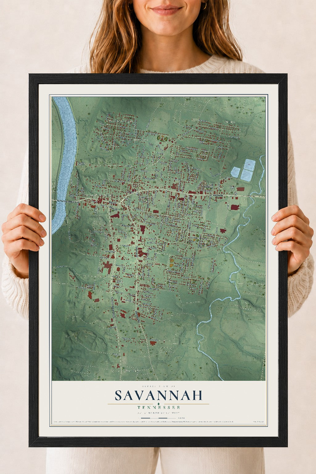 Map of Savannah, Tennessee, 18 x 24 inch print in a black wood frame