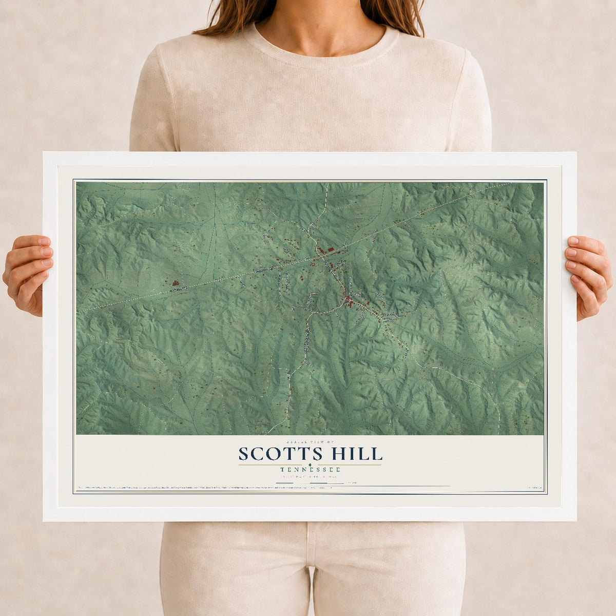 Map of Scotts Hill, Tennessee, 12 x 18 inch print in a white wood frame