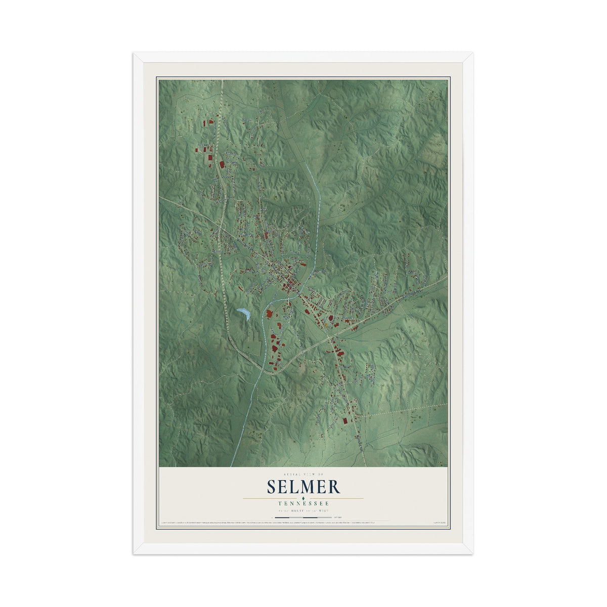 Map of Selmer, Tennessee, 12 x 18 inch print in a white wood frame