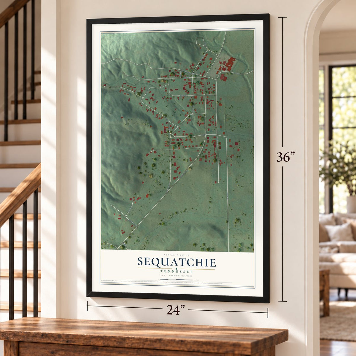 Sequatchie, Tennessee map, 24 x 36 inch print in a black frame by a staircase