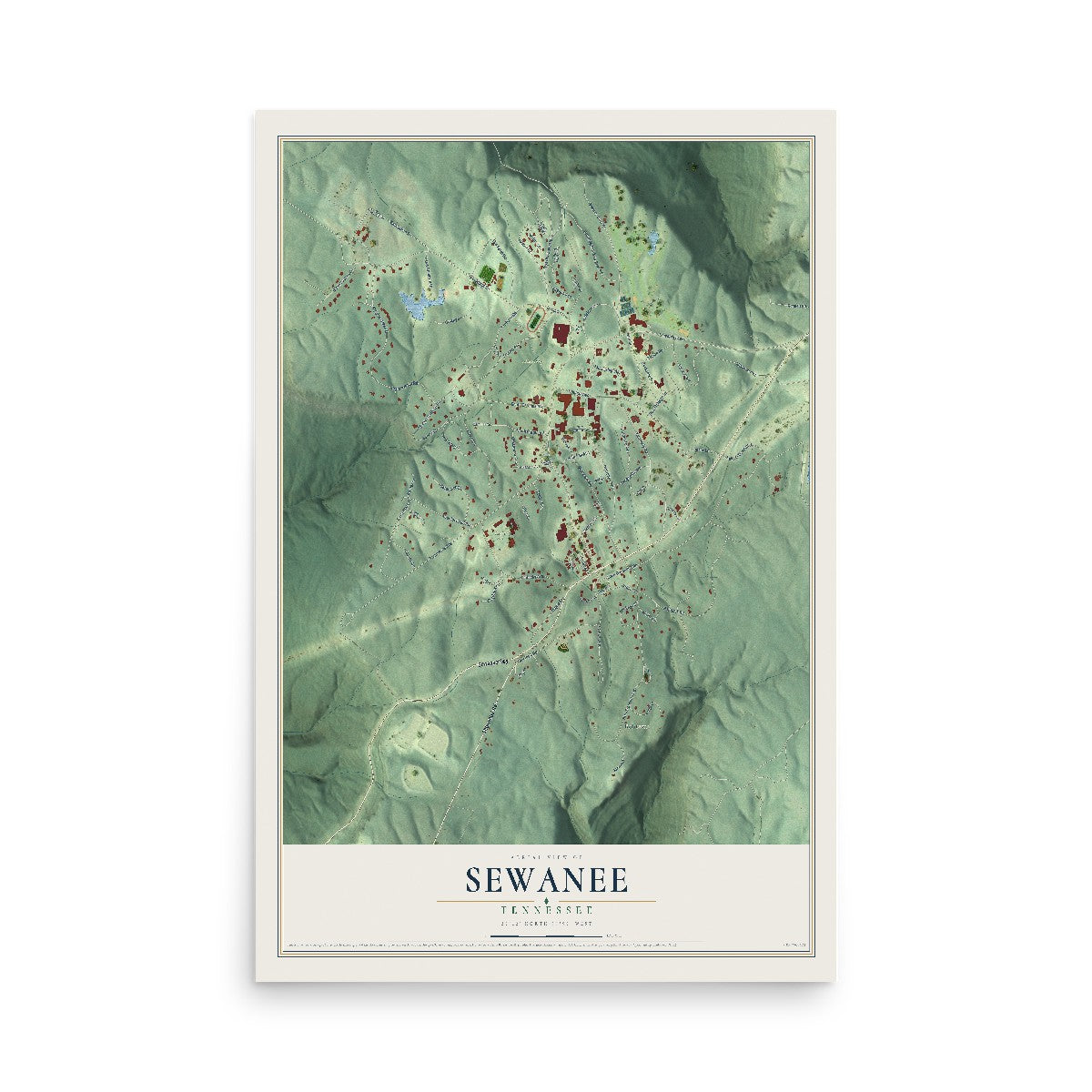 Map of Sewanee, Tennessee, 12 x 18 inch unframed archival matte print