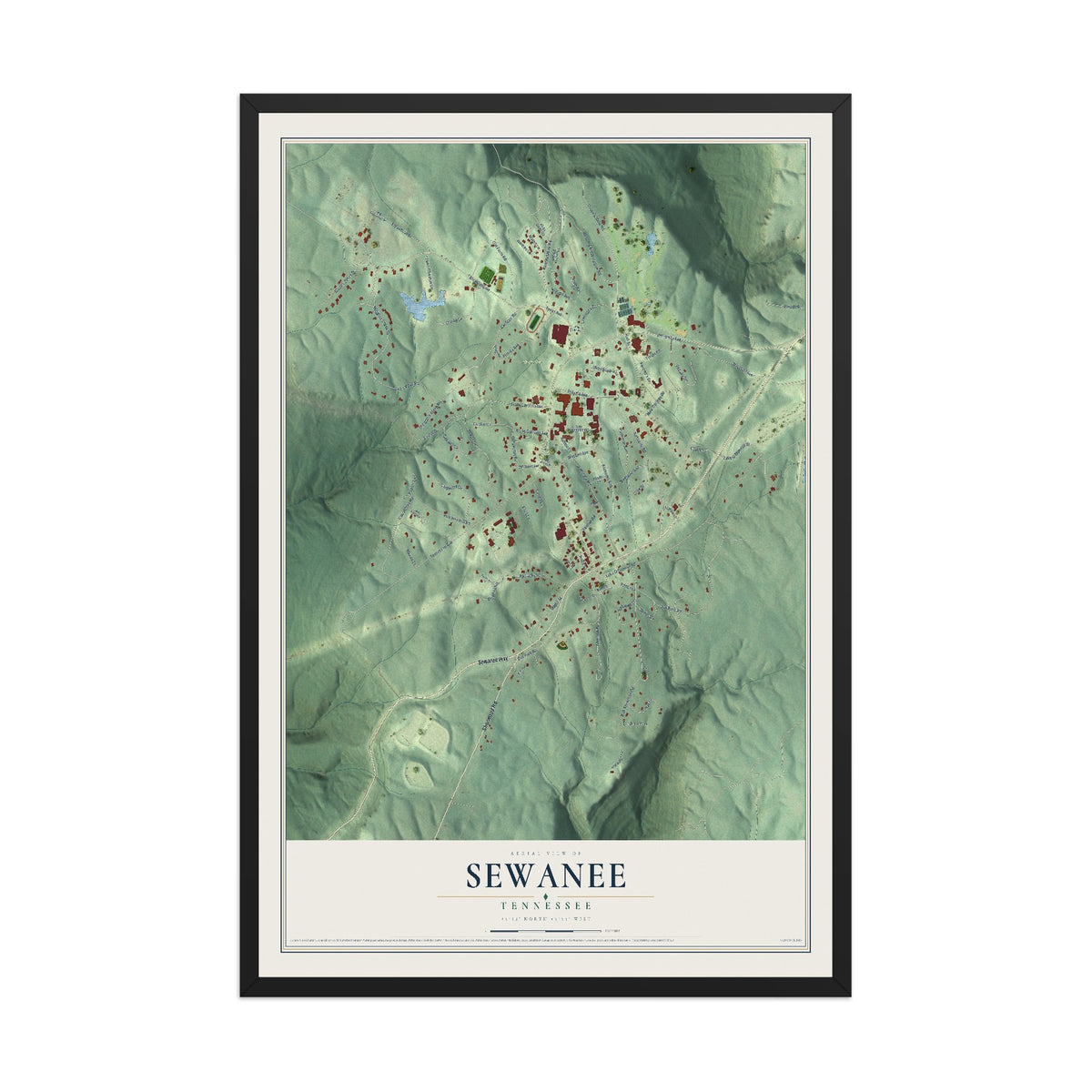 Map of Sewanee, Tennessee, 12 x 18 inch print in a black wood frame