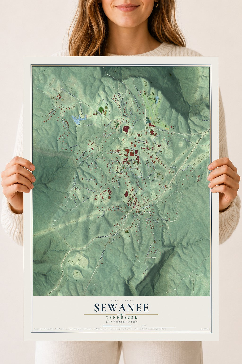 Map of Sewanee, Tennessee, 18 x 24 inch unframed archival matte print