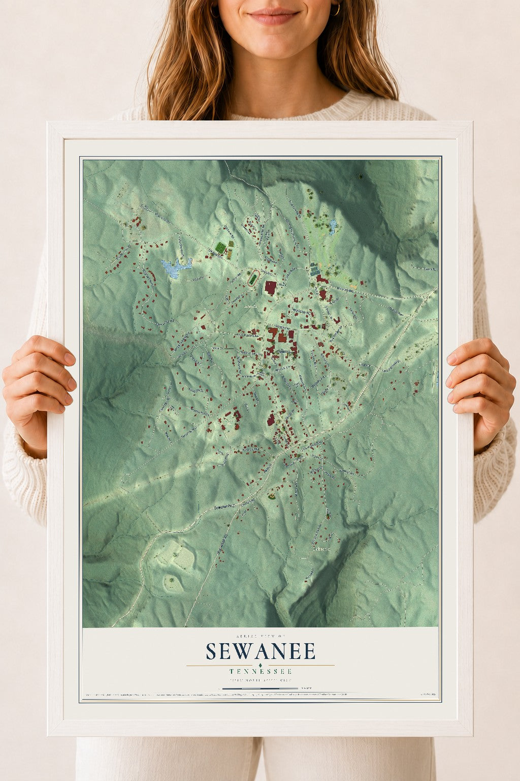 Map of Sewanee, Tennessee, 18 x 24 inch print in a white wood frame