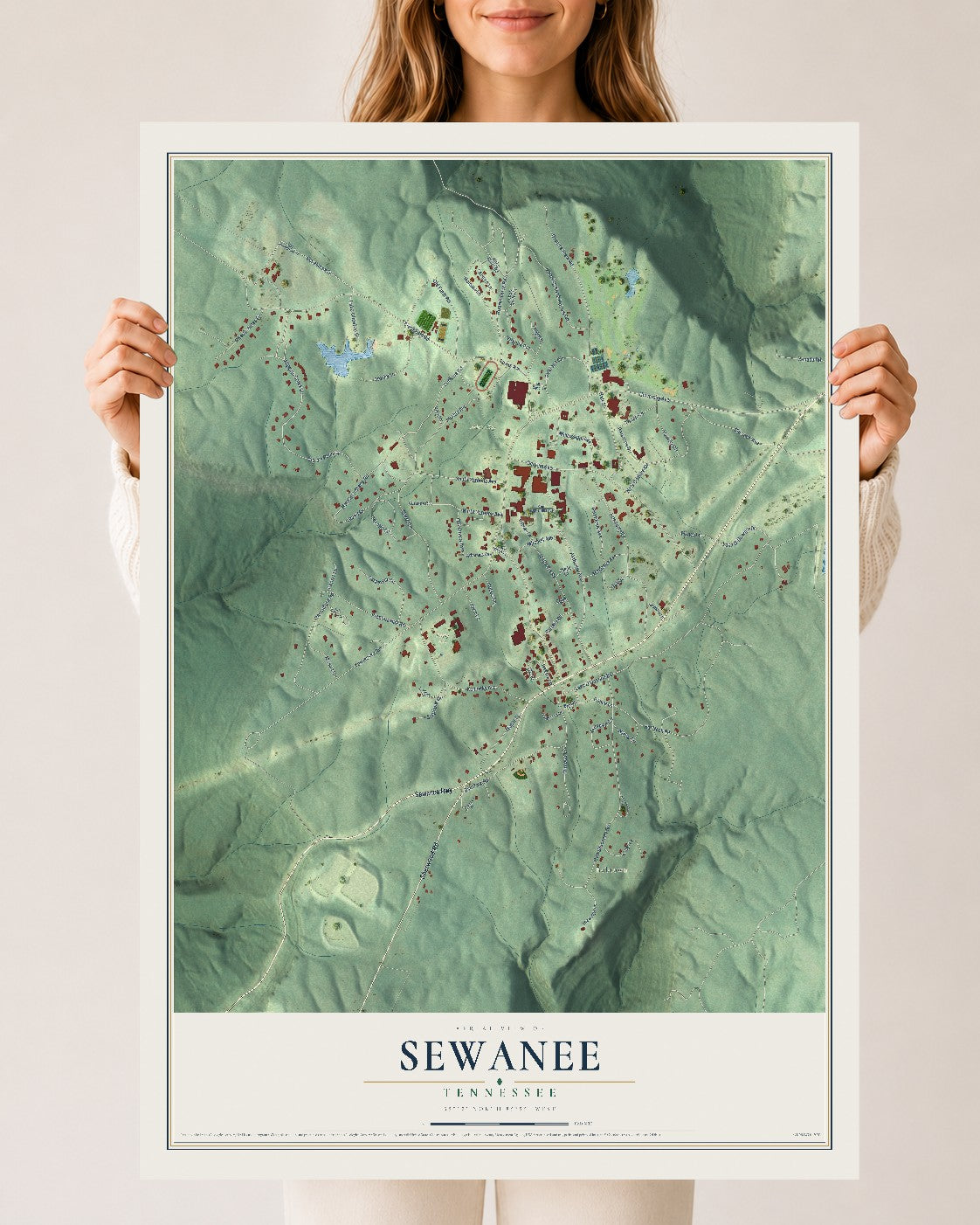 Map of Sewanee, Tennessee, 24 x 36 inch unframed archival matte print