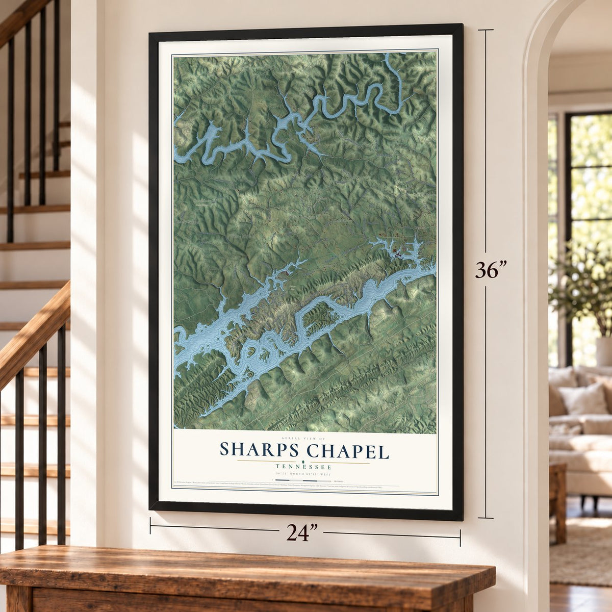 Sharps Chapel, Tennessee map, 24 x 36 inch print in a black frame by a staircase