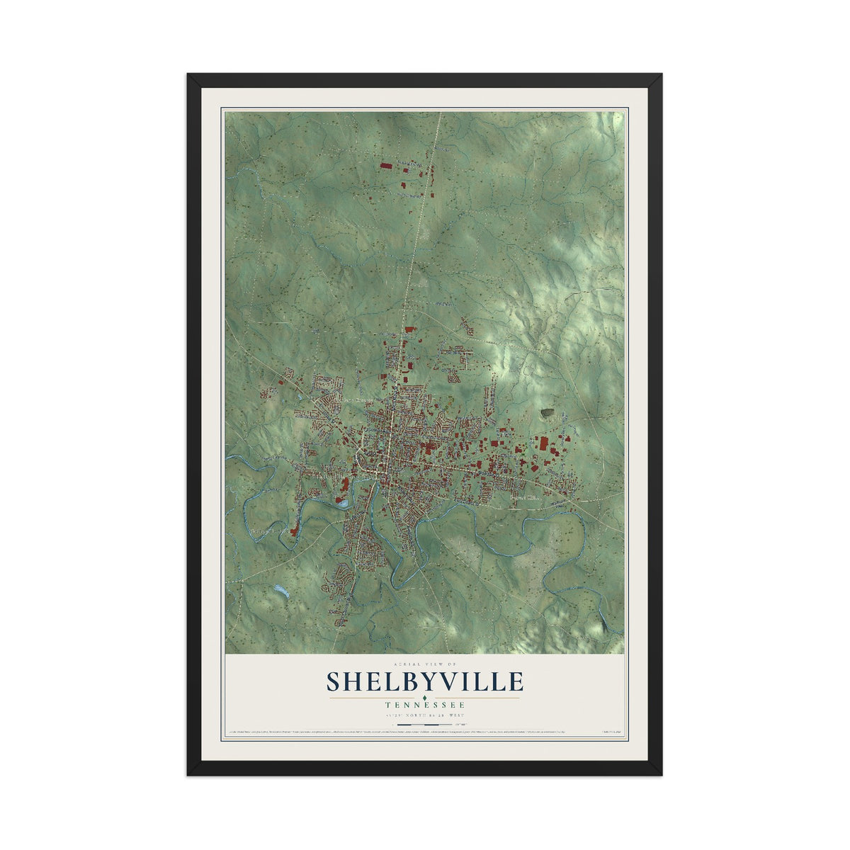 Map of Shelbyville, Tennessee, 12 x 18 inch print in a black wood frame