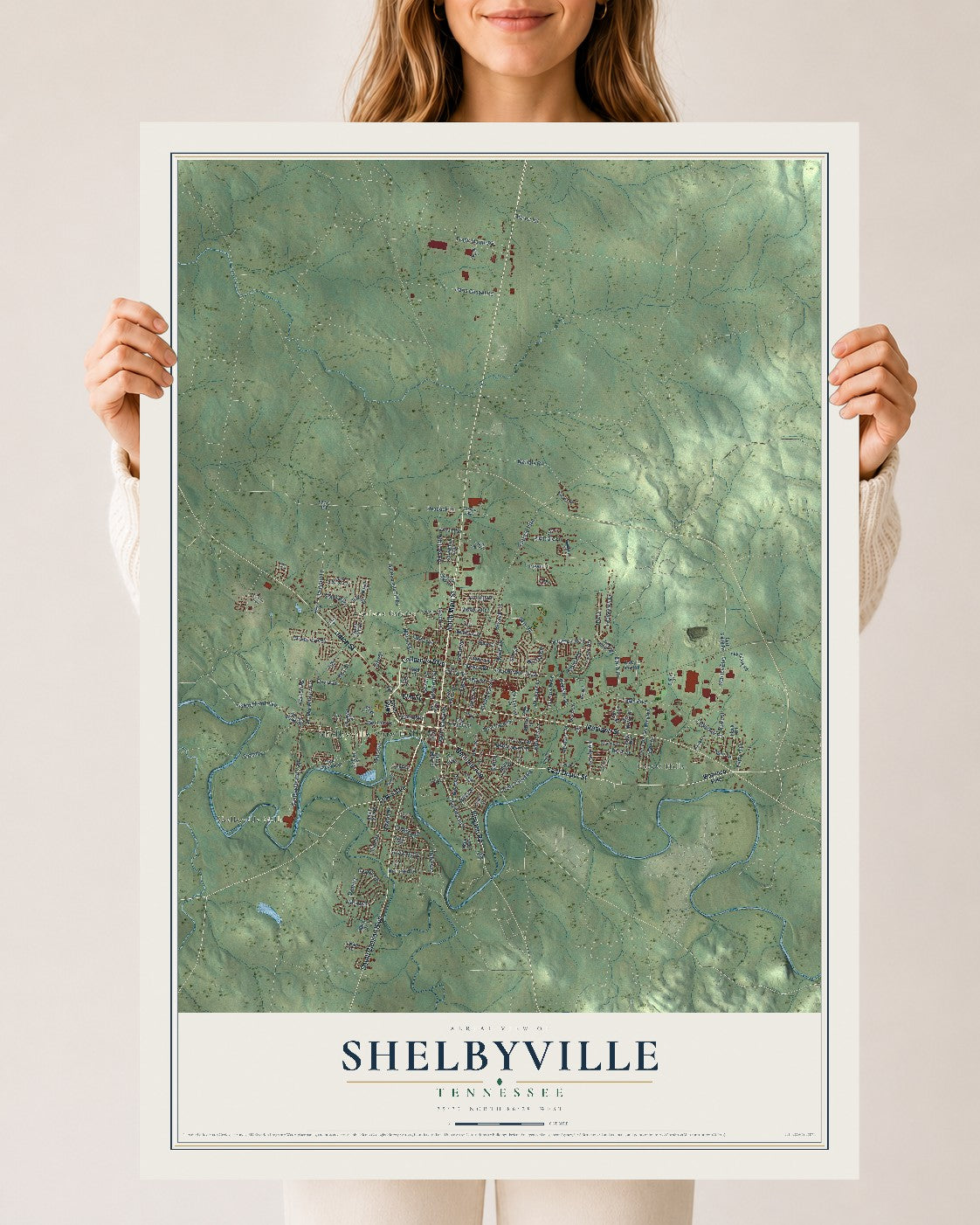Map of Shelbyville, Tennessee, 24 x 36 inch unframed archival matte print