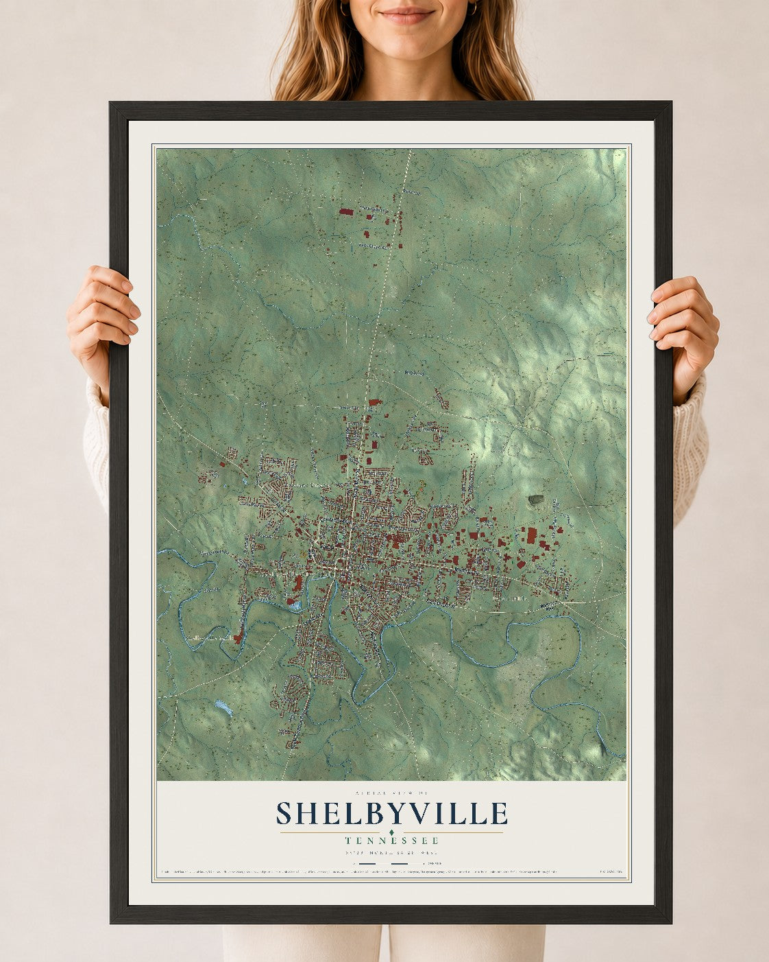 Map of Shelbyville, Tennessee, 24 x 36 inch print in a black wood frame