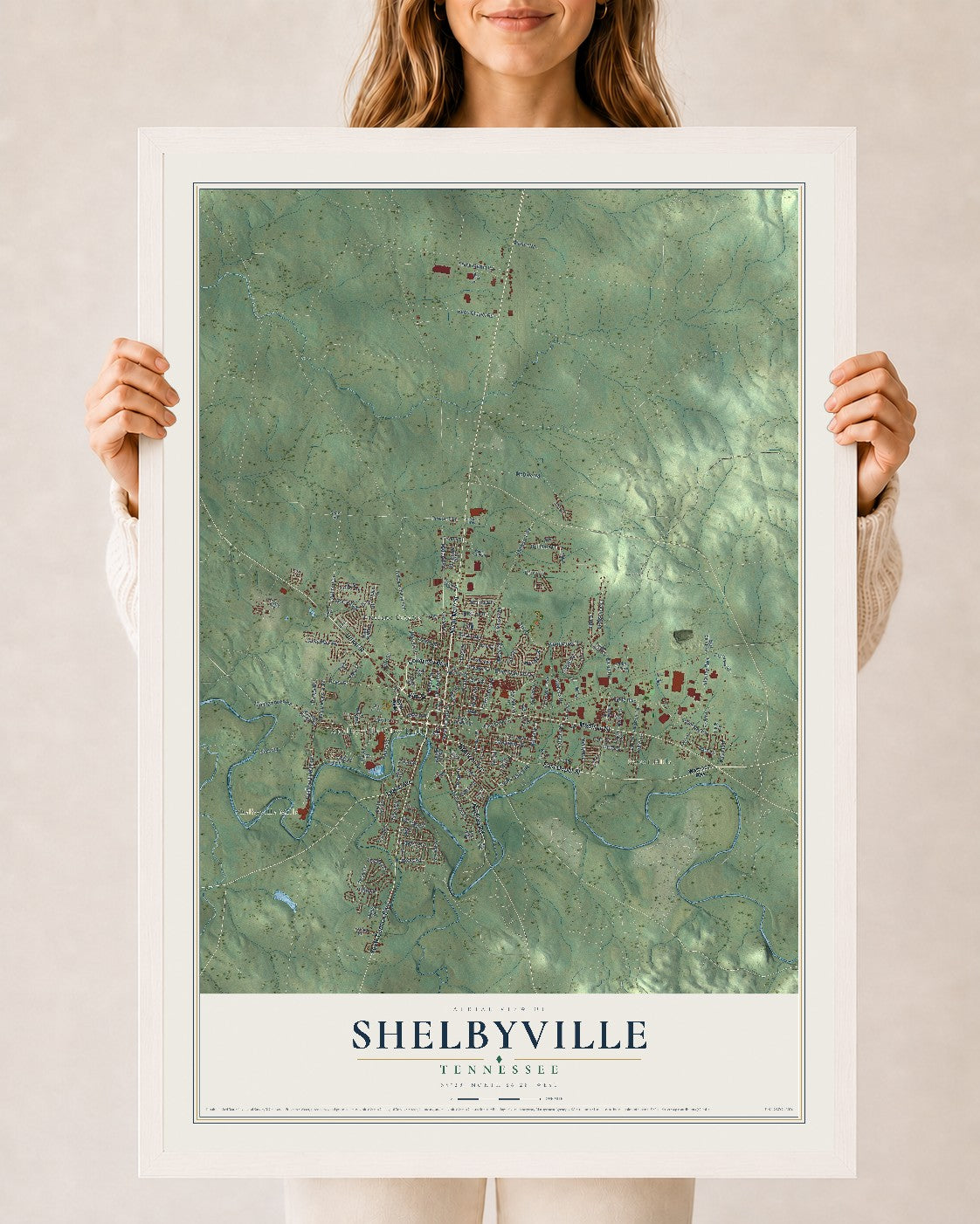 Map of Shelbyville, Tennessee, 24 x 36 inch print in a white wood frame