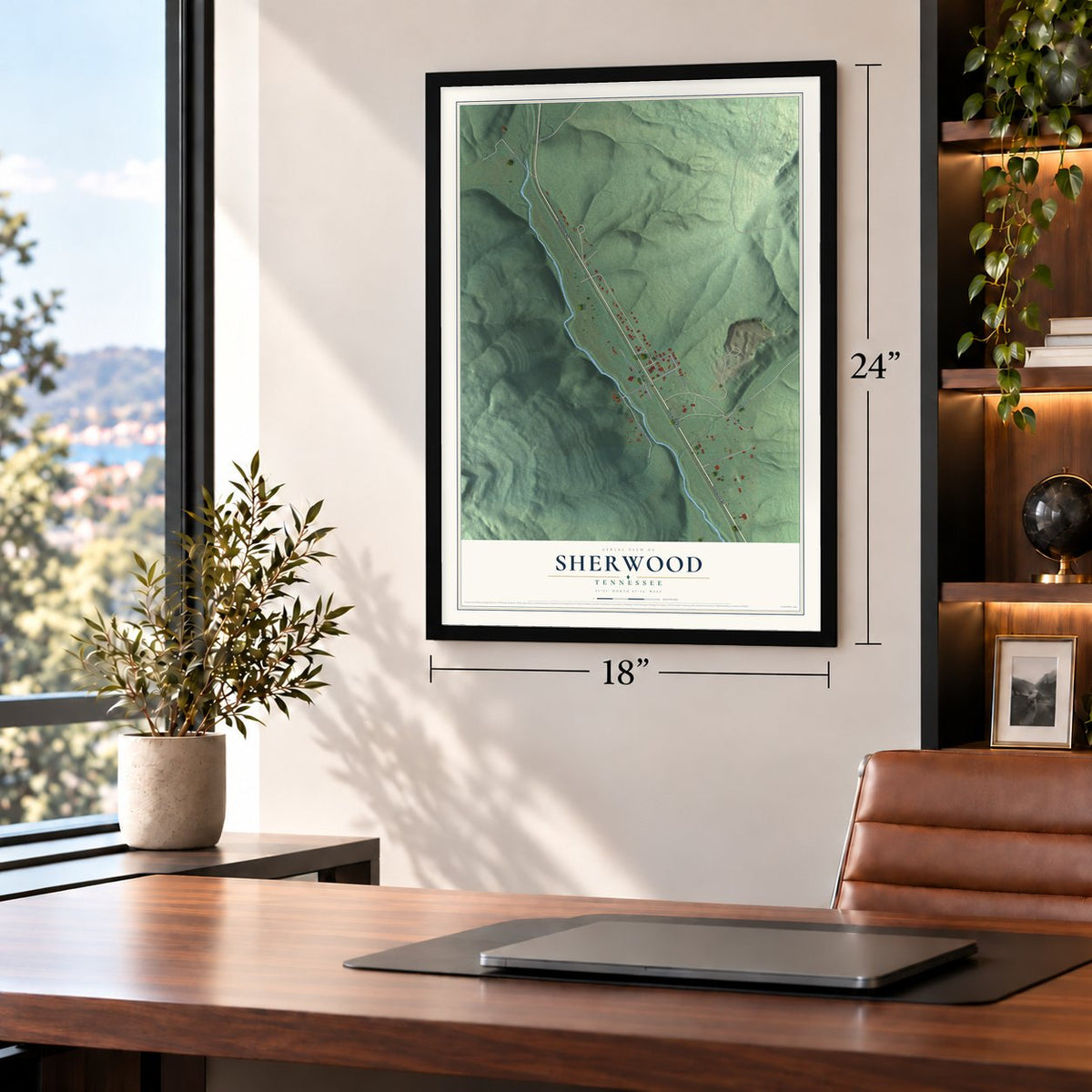 Sherwood, Tennessee map, 18 x 24 inch print in a black frame in a home office