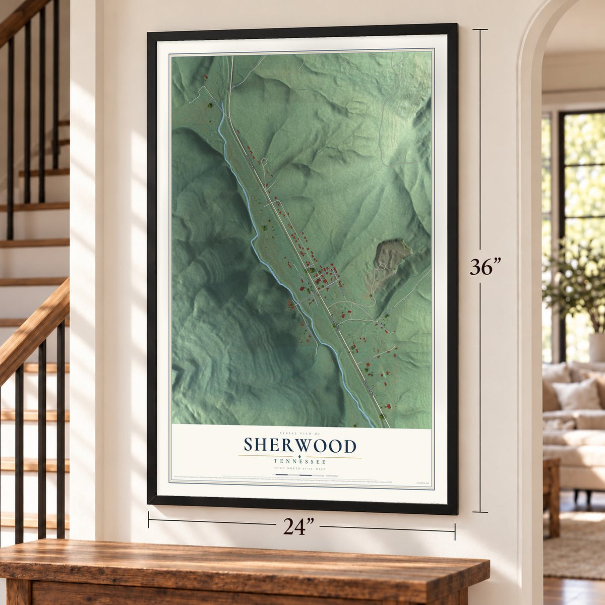 Sherwood, Tennessee map, 24 x 36 inch print in a black frame by a staircase