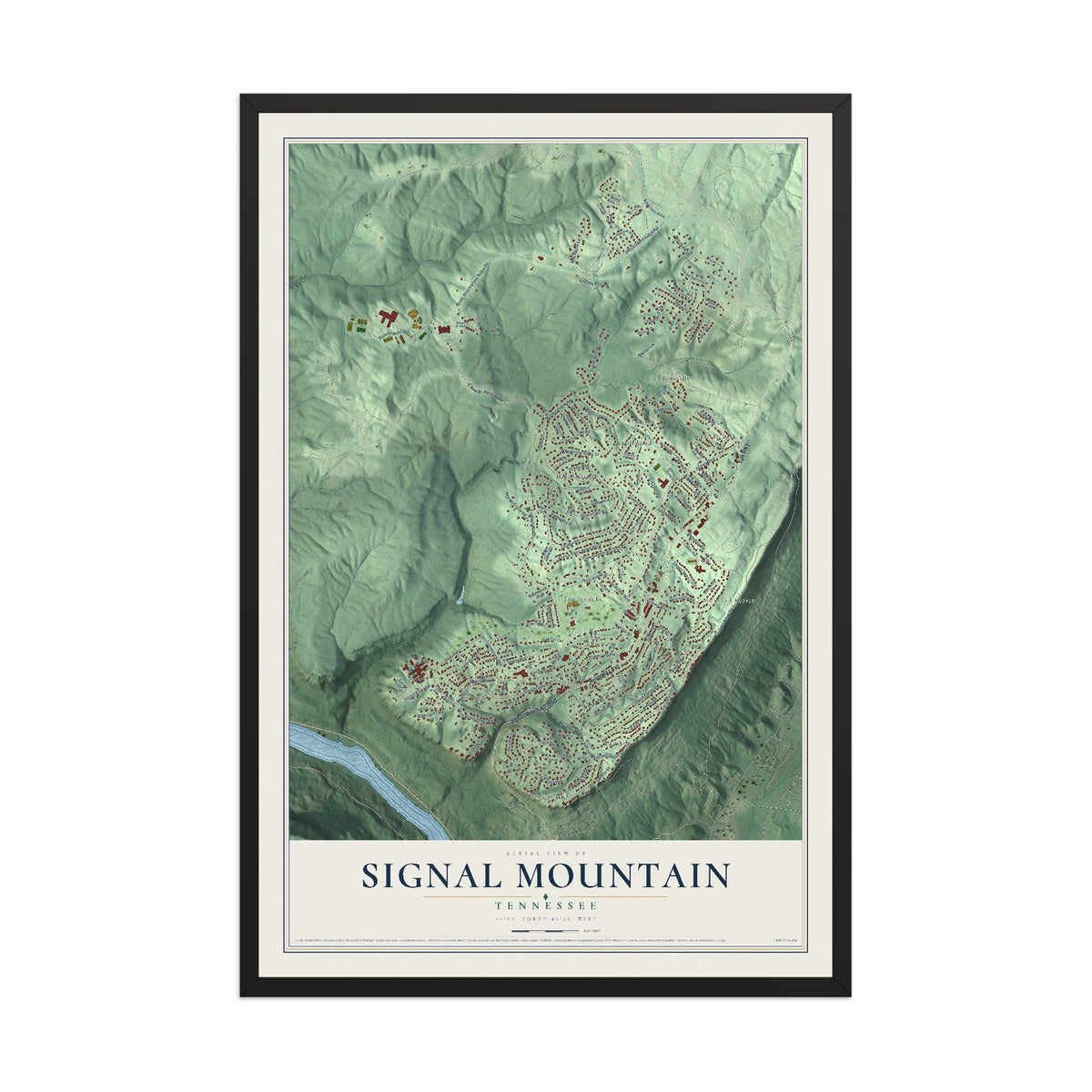 Map of Signal Mountain, Tennessee, 12 x 18 inch print in a black wood frame