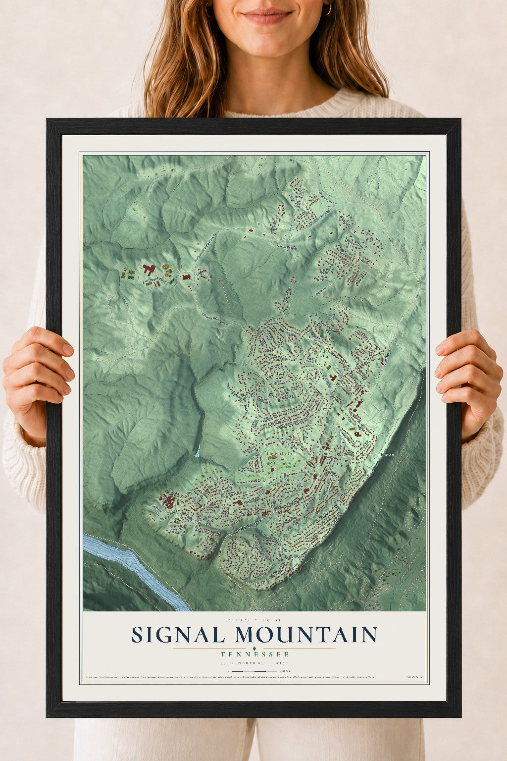 Map of Signal Mountain, Tennessee, 18 x 24 inch print in a black wood frame